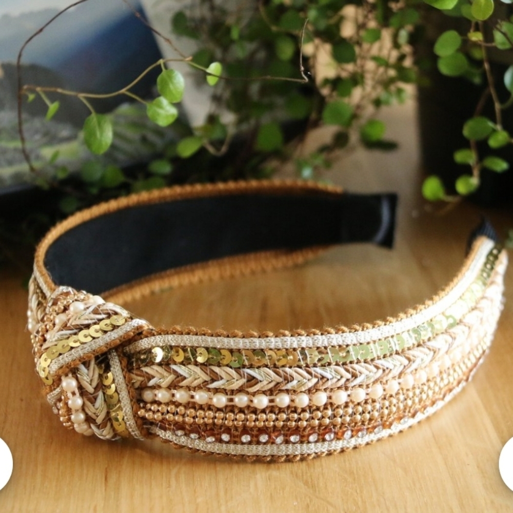 Embellished Gold Beaded Knot Headband - Women Accessories